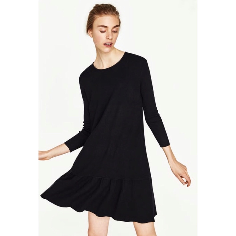 ZARA Black Ribbed Knit Ruffle Hem Mini Dress size L minimalist slimming LBD